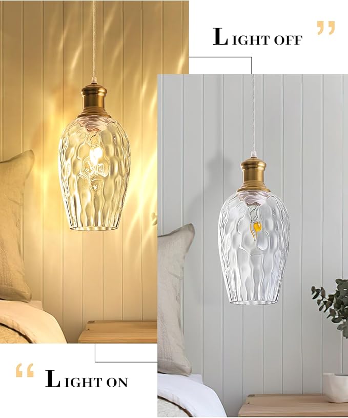 Gold Pendant Lights Kitchen Island, 6.3”Clear Hammered Glass Pendant Lights, Blown Glass Farmhouse Pendant Light 1-Pack, Kitchen Hanging Light for Kitchen Island, Living Room, Cafe