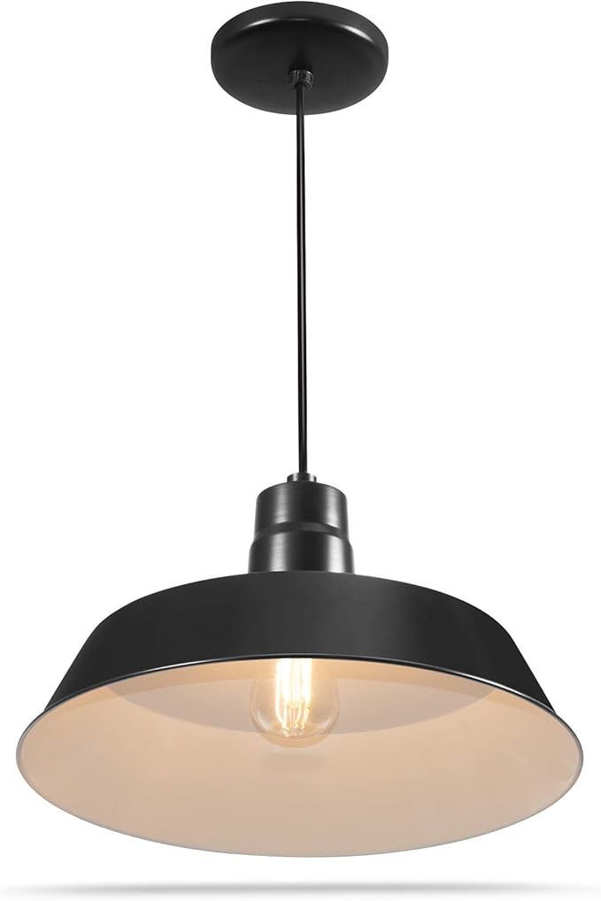 14-inch Industrial Black Pendant Barn Light Fixture with 10ft Adjustable Cord, Ceiling-Mounted Vintage Hanging Light Fixture for Indoor Use, 120V Hardwire, E26 Medium Base LED Compatible, UL Listed