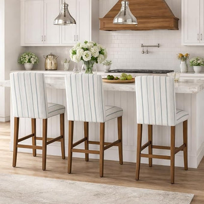 HomePop Parsons Classic Upholstered High Back Curved Top Barstool, 29-inch, Blue Calypso Stripe