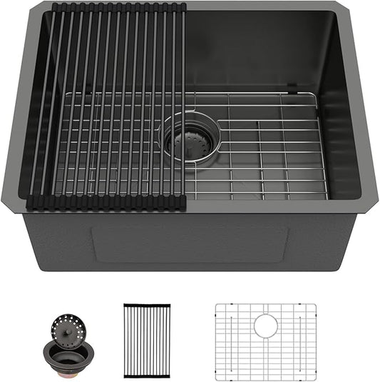 Sarlai Undermount Bar Sink Black - 23 x 18 inch Bar Prep Kitchen Sink Gunmetal Black 16 Gauge Stainless Steel 23X18 Single Bowl 10 Inch Deep Basin Sink