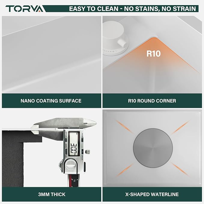 TORVA RV Kitchen Sink, 16 x 21 x 7 Inch Undermount Bar Sink 16 Gauge Stainless Steel Single Bowl Sink with Foldable Faucet Cutting Board, White