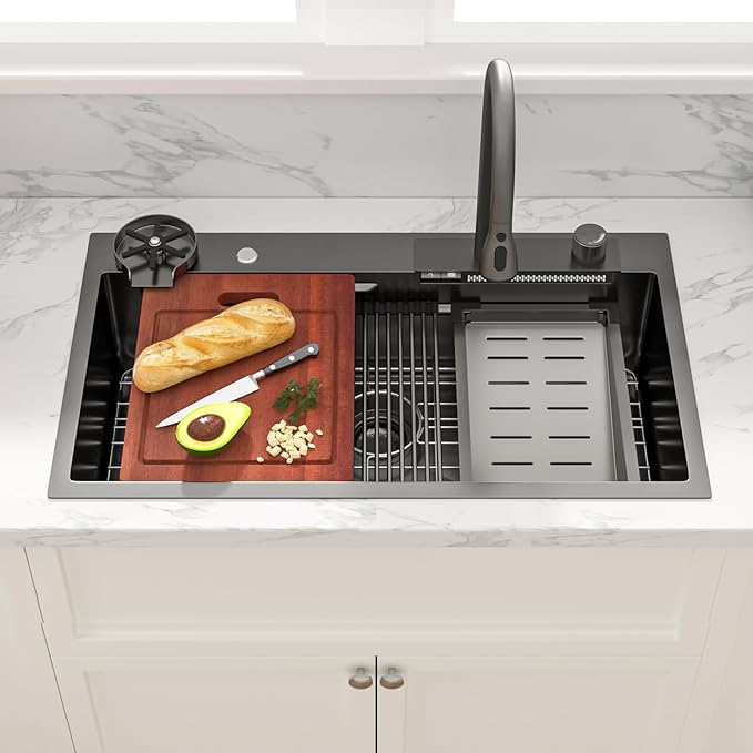 Sarlai Waterfall Kitchen Sink - 33 Inch Drop In Workstation Sink With Waterfall Black Stainless Steel 16 Gauge Multifunction Single Bowl Smart Top Mount Kitchen Sinks with Mechanical Keys 33x19x9 Inch