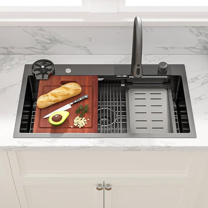 Sarlai Waterfall Kitchen Sink - 33 Inch Drop In Workstation Sink With Waterfall Black Stainless Steel 16 Gauge Multifunction Single Bowl Smart Top Mount Kitchen Sinks with Mechanical Keys 33x19x9 Inch