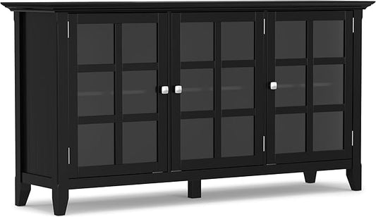 SIMPLIHOME Acadian Storage Cabinet - 62 inch Wide Solid Wood 3-Shelf Sideboard in Black, Transitional Buffet for Living Room, Entryway, or Dining Room with Adjustable Shelves and Glass Doors
