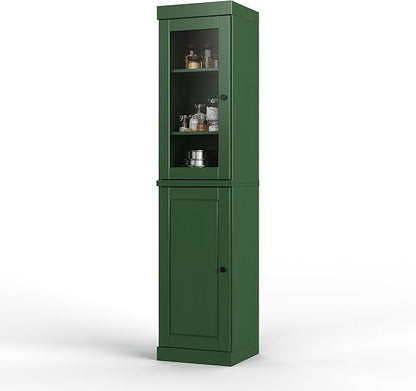 Palace Imports Solid Wood Kitchen Pantry - Narrow Storage Cabinet - 16.5" Wide x 71.5" Tall - 1 Raised Panel & 1 Glass Door, Green, Adjustable Shelves, 100% Eco-Friendly Wood, Modular Cabinets