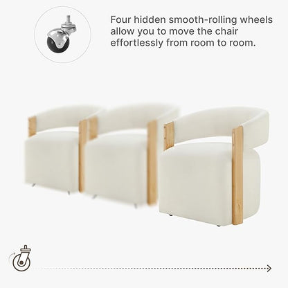KISLOT Upholstered Dining Chairs with Casters, Modern Barrel Side Armchair with Rollers & Wooden Armrest for Dining Room, Bedroom, Kitchen, Reading Room, Beige, Set of 4