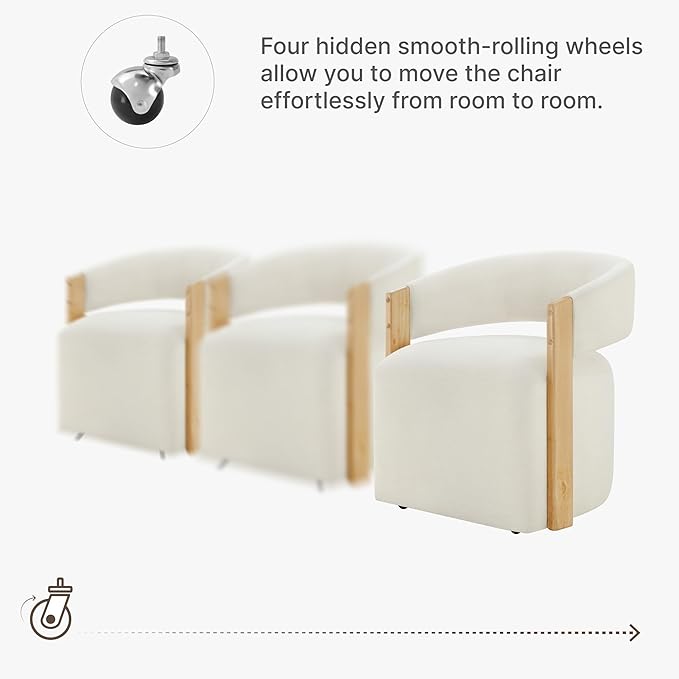 KISLOT Upholstered Dining Chairs with Casters, Modern Barrel Side Armchair with Rollers & Wooden Armrest for Dining Room, Bedroom, Kitchen, Reading Room, Beige, Set of 2