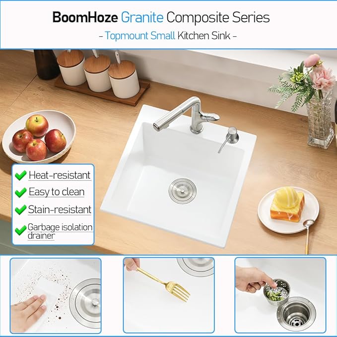 18 Inch Drop In Kitchen Sink, White Granite Composite Drop In Sink Single Bowl Outdoor Quartz Rectangular Top Mount Deep Basin with Small Rubber Squeegee(18 x 19x10)