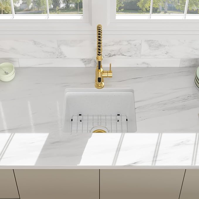 18 White Granite Composite Bar Sink - 18x16 Undermount Granite Quartz Kitchen Sink Pure White 9 Inch Depth Small Signle Bowl RV Sinks Under Counter