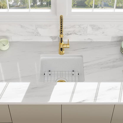 18 White Granite Composite Bar Sink - 18x16 Undermount Granite Quartz Kitchen Sink Pure White 9 Inch Depth Small Signle Bowl RV Sinks Under Counter