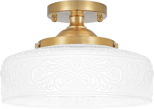 Daunton Gold Semi Flush Mount Ceiling Light with Hand-Carved Design - 12 Inch Vintage White Glass Shade with Etched Patterns, Easy Install 3-Light Fixture for Hallway, Kitchen, Bedroom