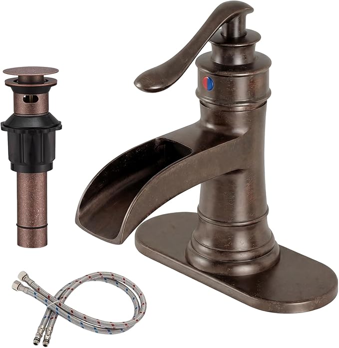 BWE Copper Bathroom Faucet Antique Brass Sink Vanity Basin Single Handle with Pop up Drain Assembly Waterfall Rose Mixer Tap One Hole Lever with Overflow Deck Mount Commercial