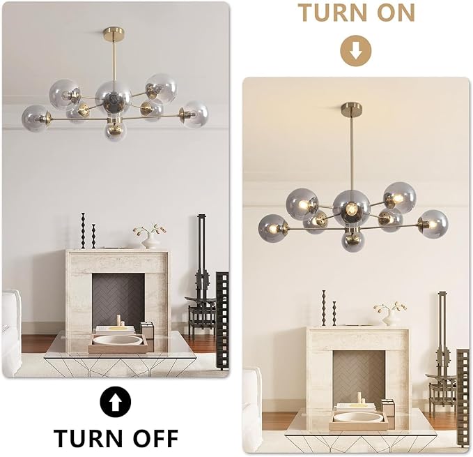KCO Lighting 8 Light Sputnik Chandelier Gold Smoke Glass Globe Pendant Light Modern Mid Century Brushed Brass Ceiling Lighting Fixture for Living Room Foyer Hall Entryway