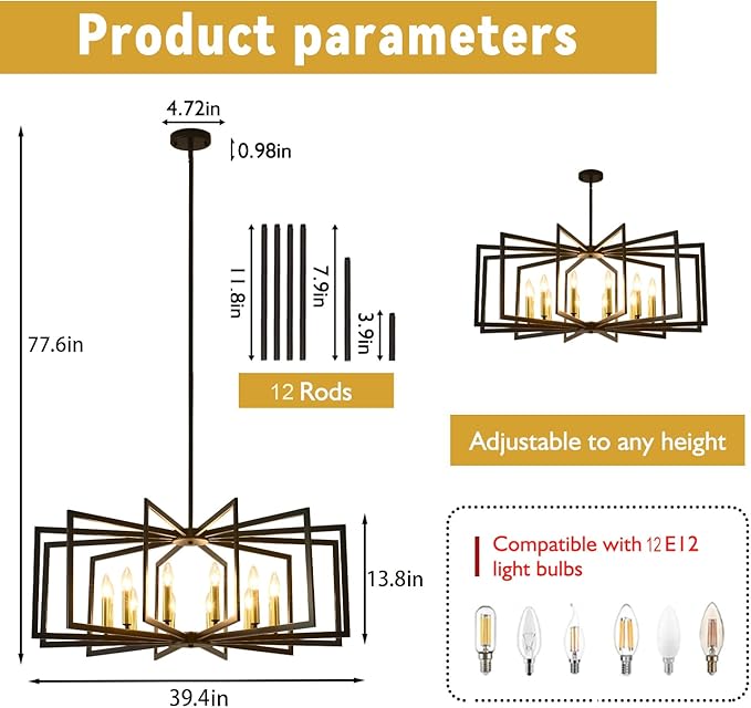 Black Chandelier for Dining Room,12-Light Large Dining Room Light Fixture Modern Geometric Metal Hanging Industrial Chandeliers for Entryway Kitchen Island Foyer Farmhouse Chandeliers (Black Gold)