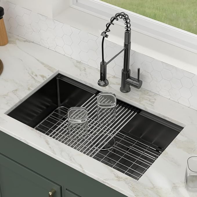 Logmey 30x19 Gunmetal Black Undermount Kitchen Sink 30 Inch Workstation Nano-PVD Stainless Steel Sinks 16 Gauge Single Bowl Kitchen Sink with Accessories 30x19x9