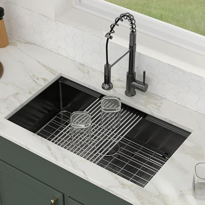 Logmey 30x19 Gunmetal Black Undermount Kitchen Sink 30 Inch Workstation Nano-PVD Stainless Steel Sinks 16 Gauge Single Bowl Kitchen Sink with Accessories 30x19x9