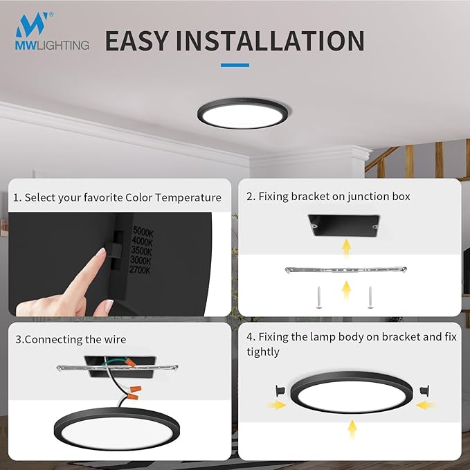 mw LED Flush Mount Ceiling Light, 12 Inch Round Black Ceiling Light, 25W 120V 5CCT, Dimmable, Close to Ceiling Light Fixtures for Bedroom, Kitchen, Hallway, Laundry