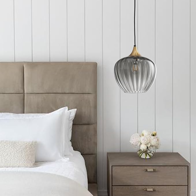 Glass Lampshade Pendant Light Kitchen Island, 9" Vintage Hanging Lamp Ceiling Lighting Fixture, Brushed Gold Modern Chandelier for Dining Room Restaurant Foyer Entryway (Smoke Grey)
