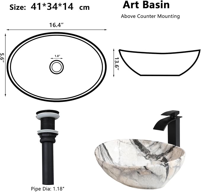 Oval Vessel Sink 16"x13" White Ceramic Bathroom Sink with Waterfall Faucet and Pop-up Drain Bowl Sink White Black Marble Bathroom Sinks Above Counter