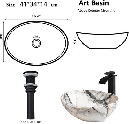 Oval Vessel Sink 16"x13" White Ceramic Bathroom Sink with Waterfall Faucet and Pop-up Drain Bowl Sink White Black Marble Bathroom Sinks Above Counter