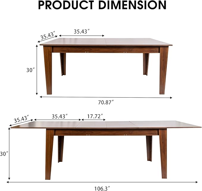 71" to 106" Expandable Dining Table, Modern Large Table for 6-10 People, Space-Saving Extendable Kitchen & Office Table, Brown