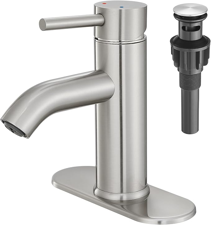 Brushed Nickel Bathroom Faucet Single Handle Bathroom Vanity Sink Faucet with Pop-up Drain, Rv Lavatory Vessel Faucet Basin Mixer Tap with Deck Plate