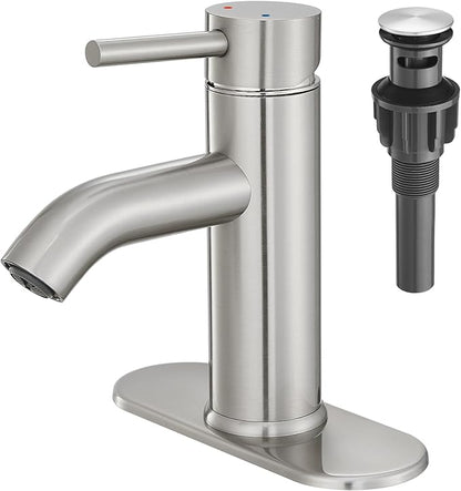 Brushed Nickel Bathroom Faucet Single Handle Bathroom Vanity Sink Faucet with Pop-up Drain, Rv Lavatory Vessel Faucet Basin Mixer Tap with Deck Plate