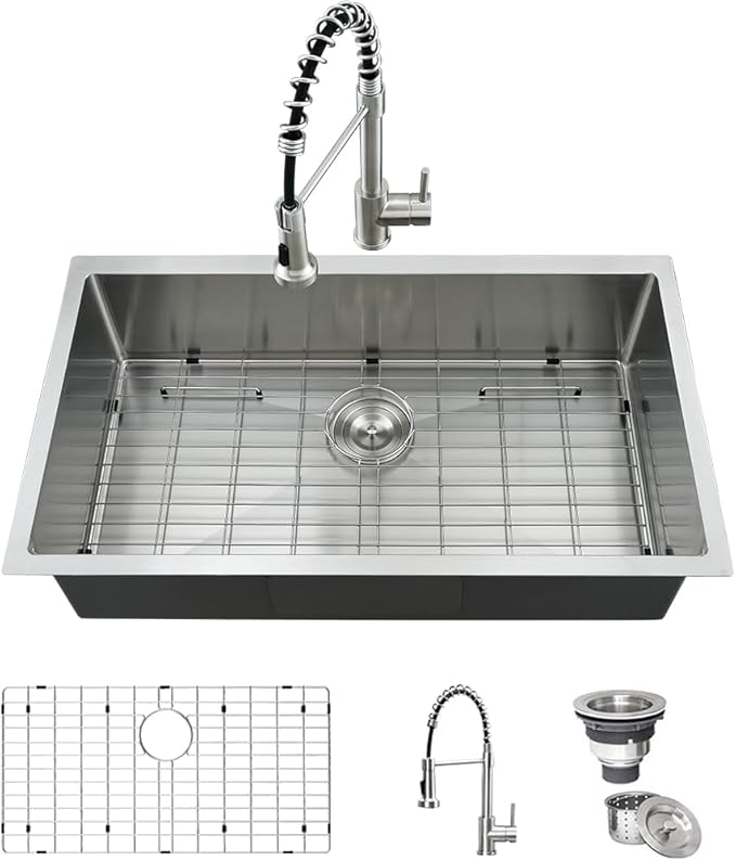 33 Inch Stainless Steel Kitchen Sink with Faucet Combo-iAnomla 33x19 Undermount Kitchen Sink Stainless Steel Deep Single Bowl Under Mount Sinks and Faucet Combo Set