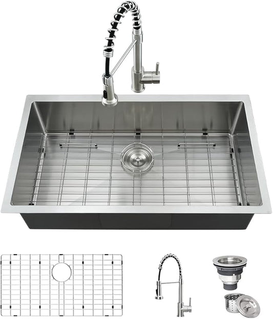 33 Inch Stainless Steel Kitchen Sink with Faucet Combo-iAnomla 33x19 Undermount Kitchen Sink Stainless Steel Deep Single Bowl Under Mount Sinks and Faucet Combo Set