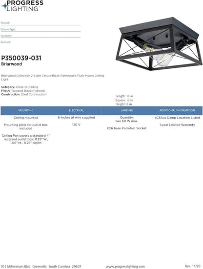 Progress Lighting Briarwood Collection 2-Light Ceiling Light, Flush Mount Ceiling Light Fixture for Interior Kitchen Lights, Hallway, Bedroom, Living Room, 12-Inch by 6-Inch, Textured Black