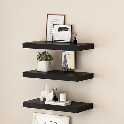 WELLAND 24 inch Black Mission Floating Shelves for Wall, Bathroom Wall Mount Shelves, Wood Modern Display Shelves, Book Shelves,for Bedroom,Living Room and Kitchen