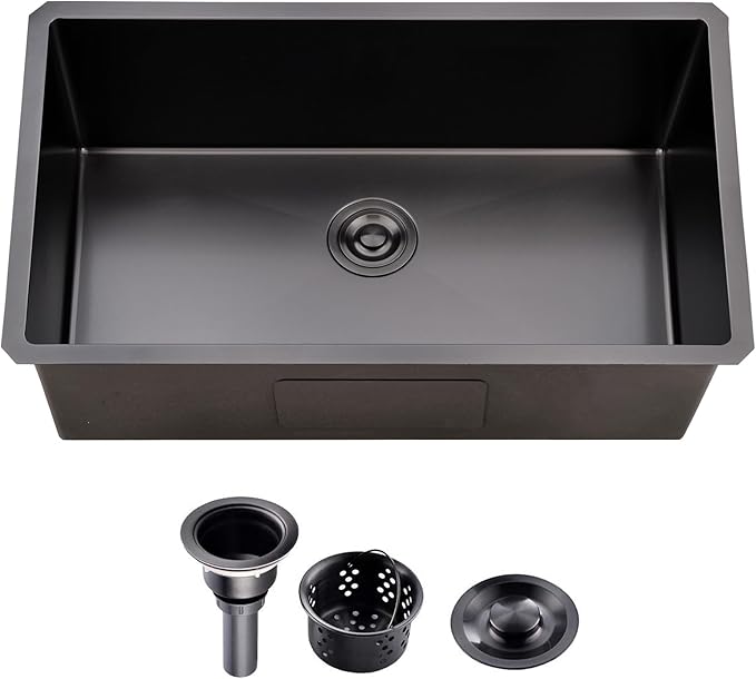 28 Inch Undermount Kitchen Sink Black, 28x18 Under Mount Gunmetal Black Stainless Steel 16 Gauge 9 Inch Deep Single Bowl Kitchen Sink with Strainer