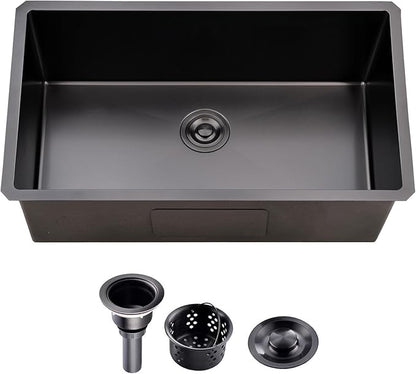 28 Inch Undermount Kitchen Sink Black, 28x18 Under Mount Gunmetal Black Stainless Steel 16 Gauge 9 Inch Deep Single Bowl Kitchen Sink with Strainer