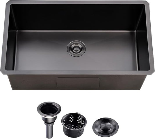 28 Inch Undermount Kitchen Sink Black, 28x18 Under Mount Gunmetal Black Stainless Steel 16 Gauge 9 Inch Deep Single Bowl Kitchen Sink with Strainer