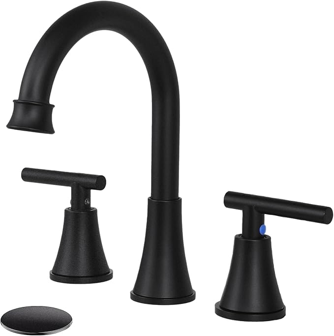 HOTIS Black Bathroom Faucet 3 Hole, 2 Handle 360° Swivel Matte Black 8 Inch Widespread Bathroom Sink Faucet, Lavatory Sink Faucet with Pop-up Drain and Supply Lines, HT-MC-032B