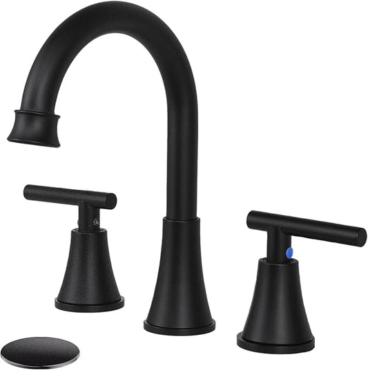 HOTIS Black Bathroom Faucet 3 Hole, 2 Handle 360° Swivel Matte Black 8 Inch Widespread Bathroom Sink Faucet, Lavatory Sink Faucet with Pop-up Drain and Supply Lines, HT-MC-032B