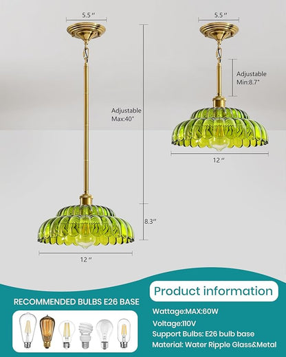 Modern Ceiling Lights, Green Glass recessed Pendant Lights, Height-Adjustable Ceiling fixtures Suitable for Living Rooms, hallways, Kitchens, and bedrooms.