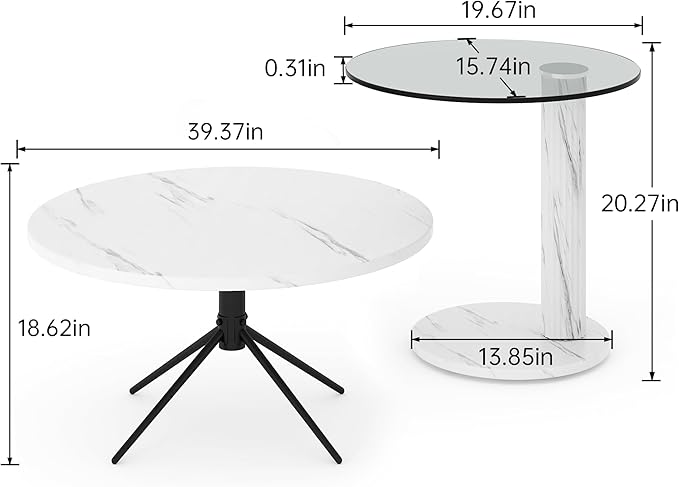Hooseng Set of 2 Round Coffee Tables, Faux Marble Top and Modern Tempered Transparent Glass Top,Perfect for Living Room,Cafe,Home,and Office(Coffee Table+Side Table)