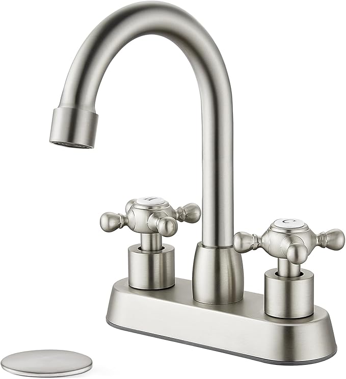 4 Inch Centerset Bathroom Faucets Double Cross Handle Bathroom Sink Faucet Deck Mounted Vintage RV Farmhouse Vanity Basin Mixer Tap with Pop up Drain,Brushed Nickel