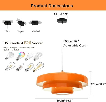 19.7" Large Mid Century Chandelier, 3-Tier Orange Metal Shade Pendant Light, Industrial Adjustable Ceiling Hanging Fixture for Dining Room, Hallway, Bedroom