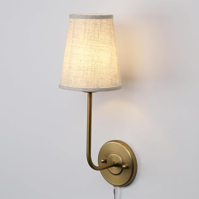 Pathson Set of 2 Plug in Fabric Wall Sconce Linen Cloth Shade, 1-Light Vintage Wall Light Fixture for Living Room Bedroom