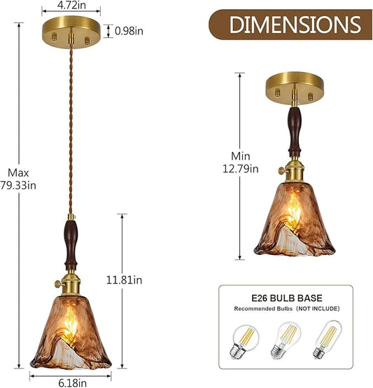Brown Glass Vintage Pendant Light 6.18" Handmade Glass Pendant Lights Kitchen Island Gold Hanging Light Fixture for Bedroom Dining Room Hotel (1 Pack)