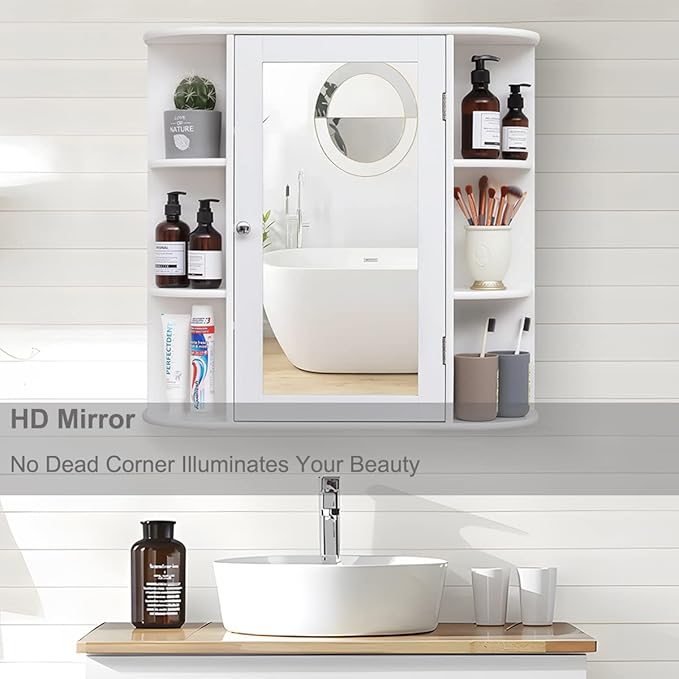 Iwell Bathroom Medicine Cabinet with Mirror, Bathroom Wall Cabinet with 2 Adjustable Shelves & 6 Open Shelves, Medicine Cabinet Organizer, Bathroom Cabinet Wall Mounted, White