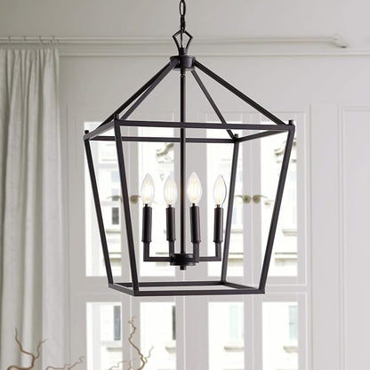 JONATHAN Y 16" Oil Rubbed Bronze Lantern Pendant Light, 4-Light Pagoda Style Metal Cage Farmhouse Hanging Ceiling Fixture for Kitchen Island, LED Bulb Included (JYL7437A)