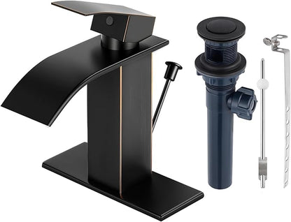 ORB Bathroom Faucet with Lift Rod Drain, Waterfall Bathroom Sink Faucet Modern Single Handle Bathroom Faucte 1 or 3 Hole, RV Mixer Tap Vanity Faucet Washbasin Faucet with Deck