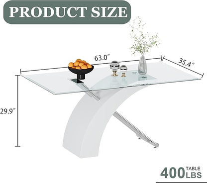63" Rectangle Glass Dining Table, White Modern Kitchen Table with Tempered Glass Tabletop and Silver X-Shaped MDF Base, Dining Room Table for 4-6, for Kithchen, Living Room