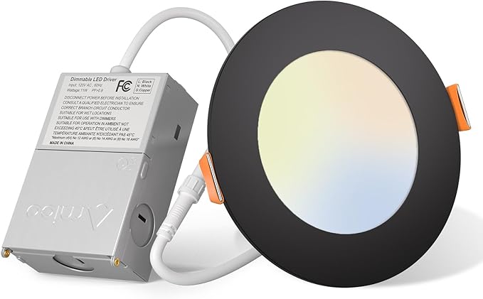 Amico 1 Pack 4 Inch 5CCT Ultra-Thin LED Recessed Ceiling Light with J-Box, 2700K/3000K/3500K/4000K/5000K Selectable, 10W Eqv 60W, Dimmable Canless Downlight, 700LM High Brightness, Black - ETL
