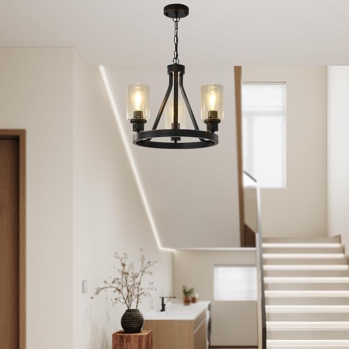 Bronze Chandelier,Farmhouse Chandelier Lighting Round 3 Lights with Glass Shade Ceiling Hanging Vintage Rustic Light Fixture for Dining Room Living Room Foyer Porch Kitchen Island