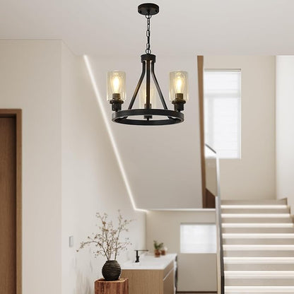 Bronze Chandelier,Farmhouse Chandelier Lighting Round 3 Lights with Glass Shade Ceiling Hanging Vintage Rustic Light Fixture for Dining Room Living Room Foyer Porch Kitchen Island