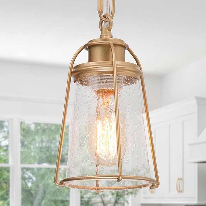classy leaves Gold Pendant Lights, Modern Pendant Lighting Kitchen Island with Seeded Glass Shade, Hanging Light Fixtures for Foyer, Hallway, Entryway, Dark Gold Finish